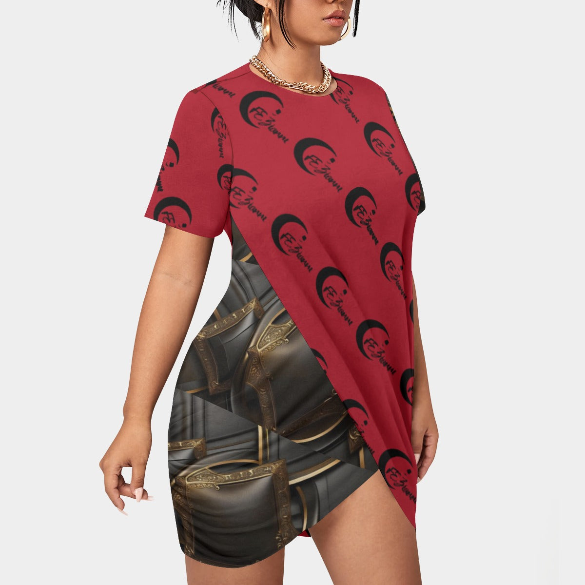 All-Over Print Women’s Stacked Hem Dress With Short Sleeve（Plus Size）