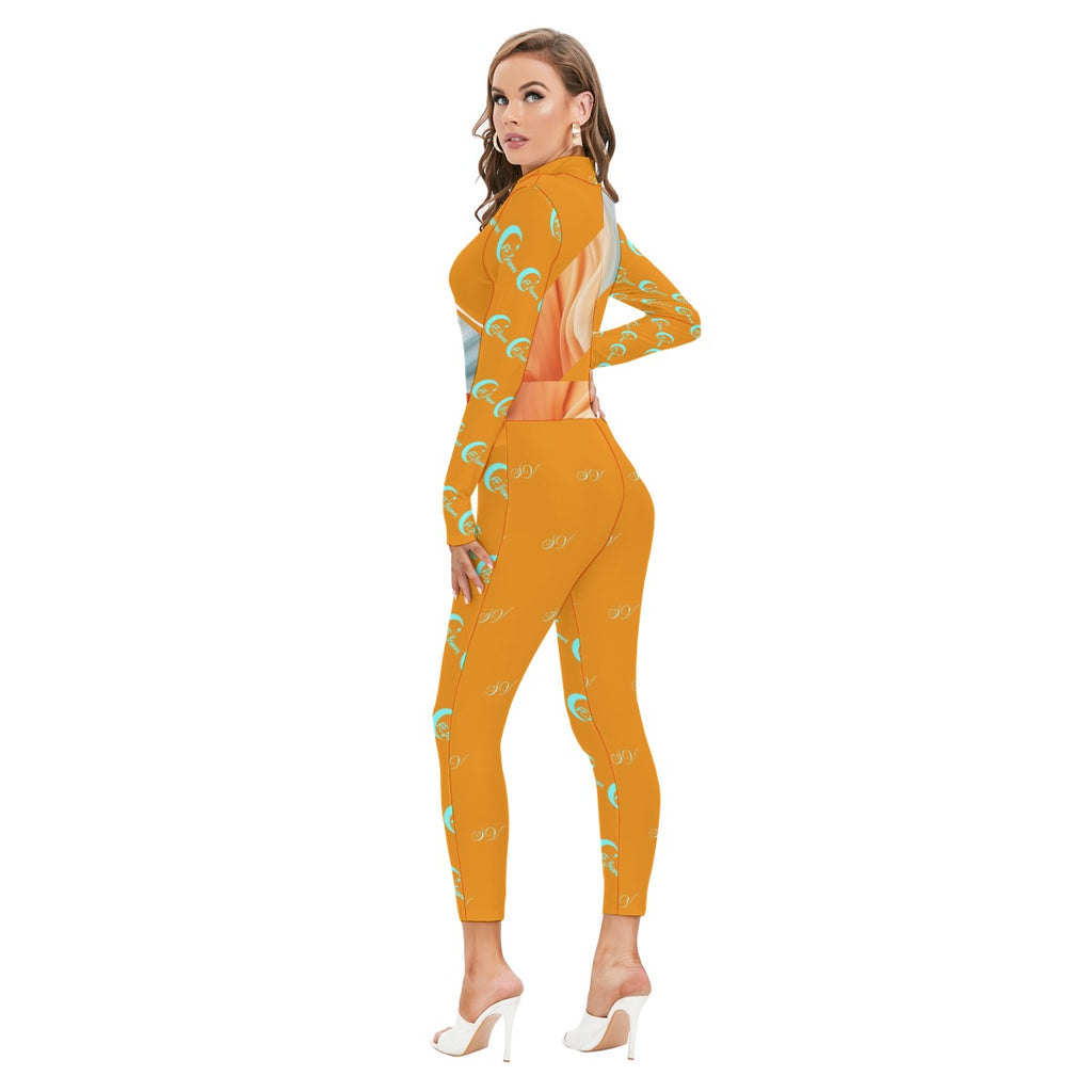 All-Over Print Women's Long-sleeved High-neck Jumpsuit With Zipper