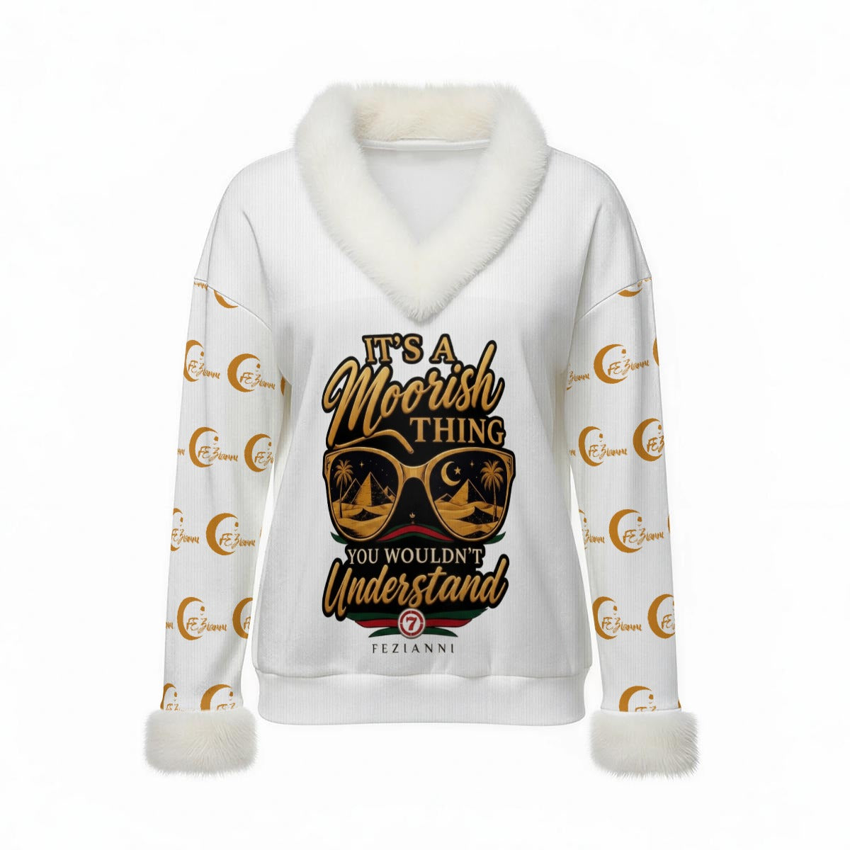 FEZIANNI All-Over Print Women's Faux Knit V-Neck Sweater Top with Fur Trim