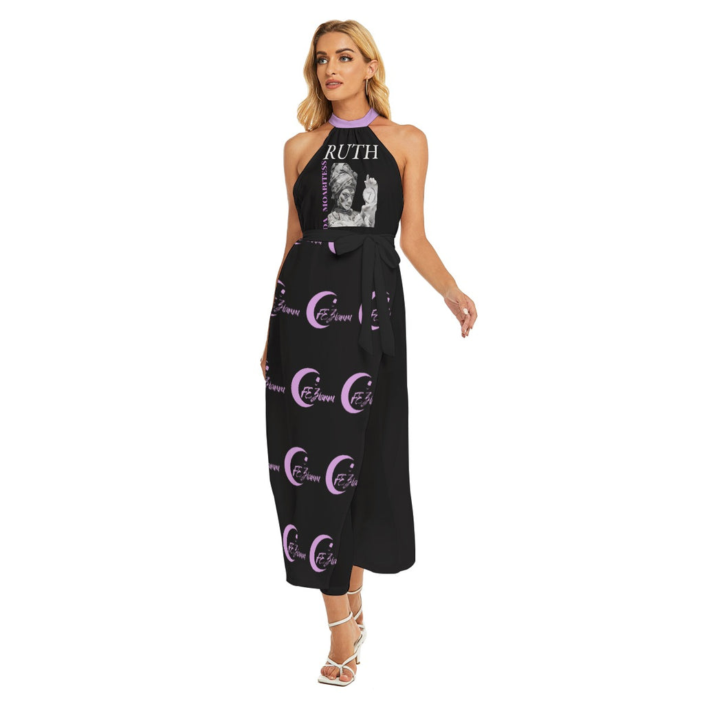 All-Over Print Women's Wrap Hem Belted Halter Dress