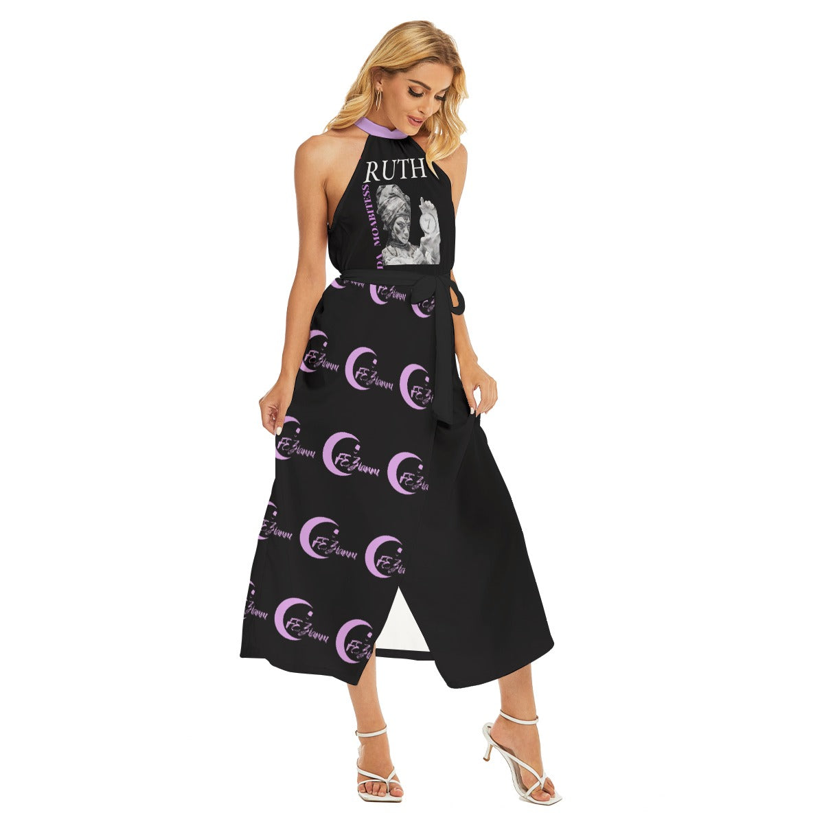 All-Over Print Women's Wrap Hem Belted Halter Dress